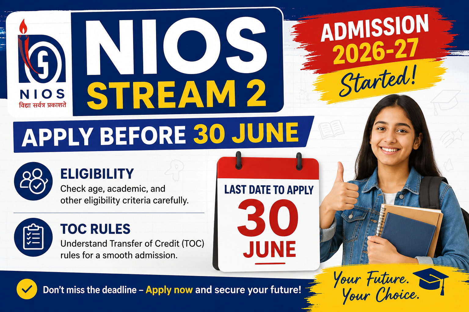 NIOS Stream 2 Admission 2026-27 Started: Apply Before 30 June | Eligibility & TOC Rules